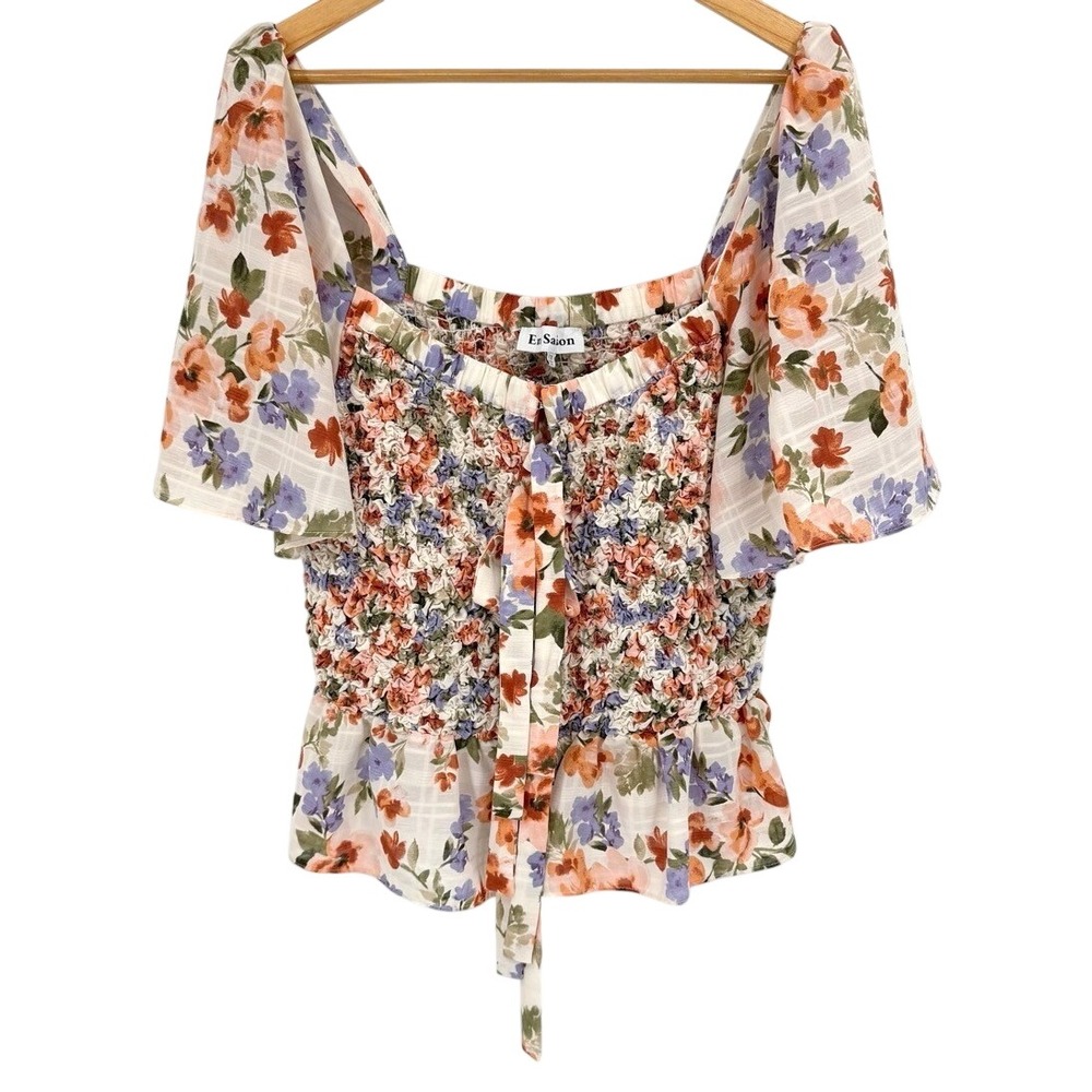 En Saison Womens 2X Blouse Floral Smocked Peplum Flutter Sleeve Square Neck Boho